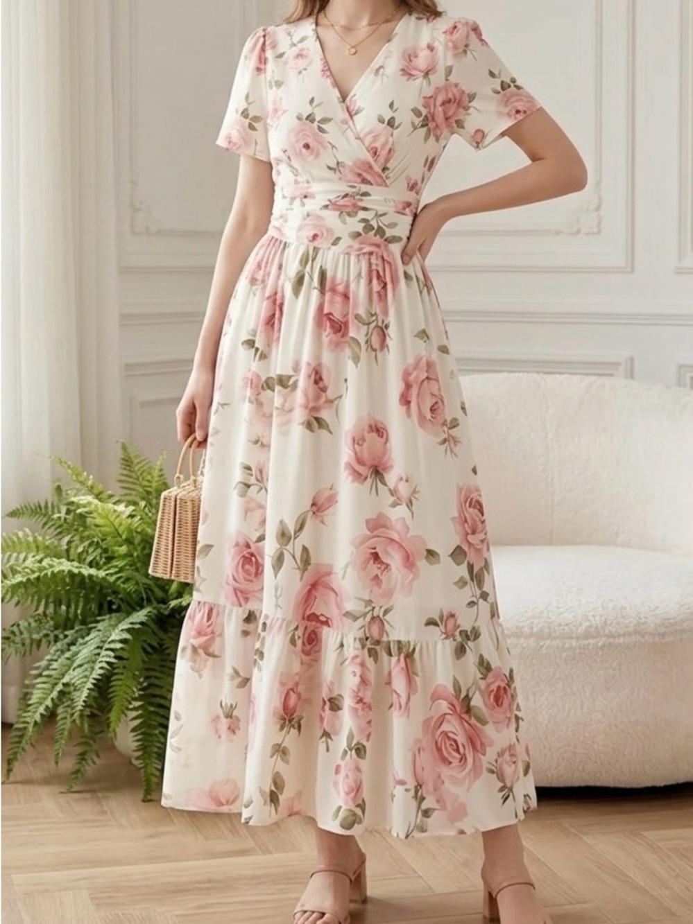 Floral Wrap  Dress with Pink Roses